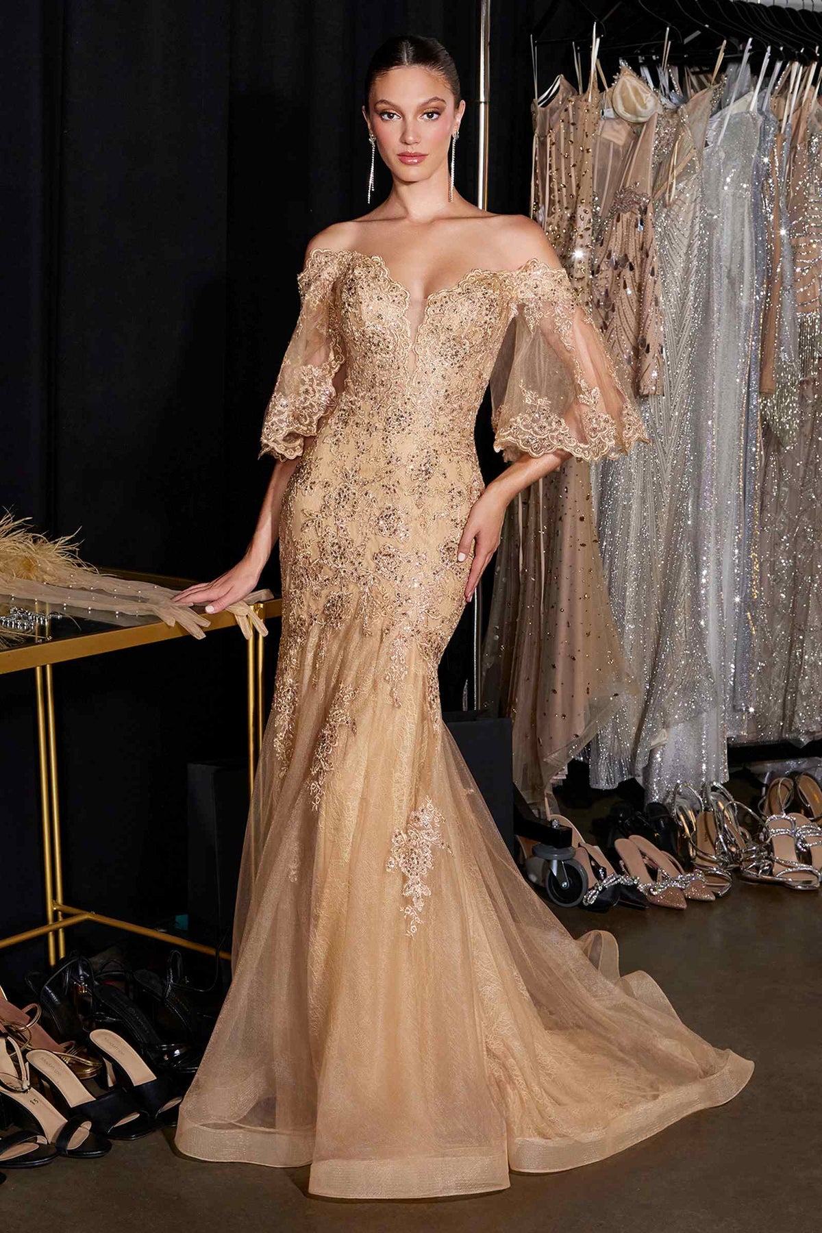 Ladivine CD659 Off the Shoulder Bell Sleeves Fitted Mermaid Gown