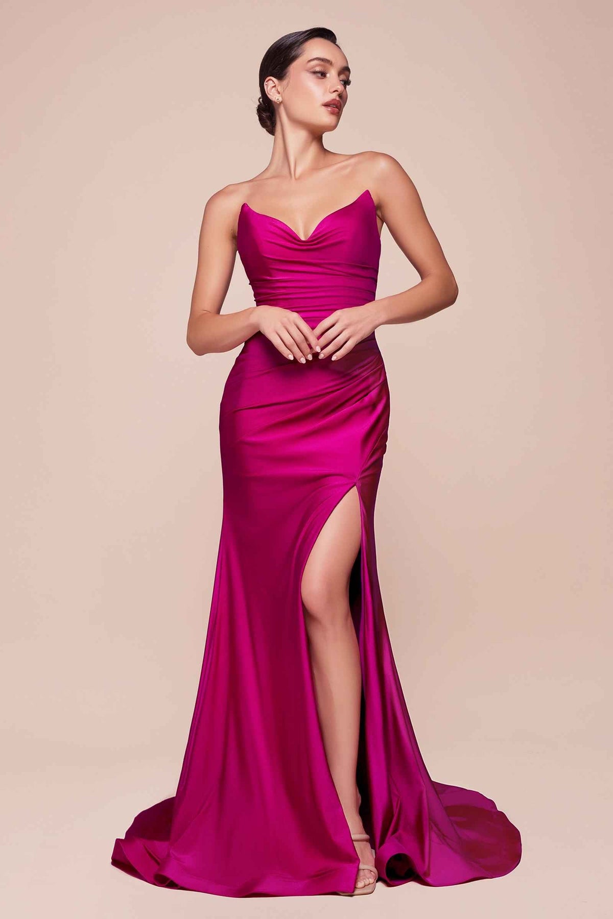 CLEARANCE - Ladivine CD791 Dress Strapless Stretch Satin Fitted Dusty Rose Gown (Size 8)