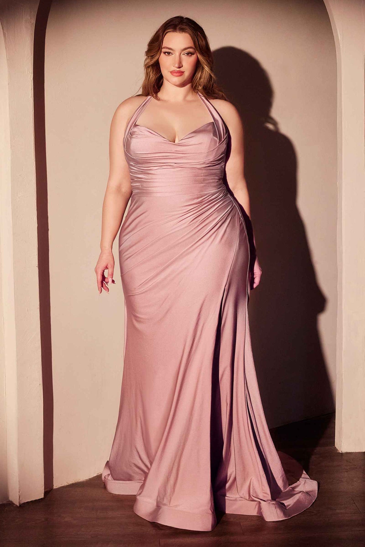 Ladivine CD796C Dress Stretch Satin Halter Fitted Curve Gown
