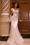 Ladivine CD866 Fitted Fringe Embellished Tulle Overlay Nude Lining Formal Gown