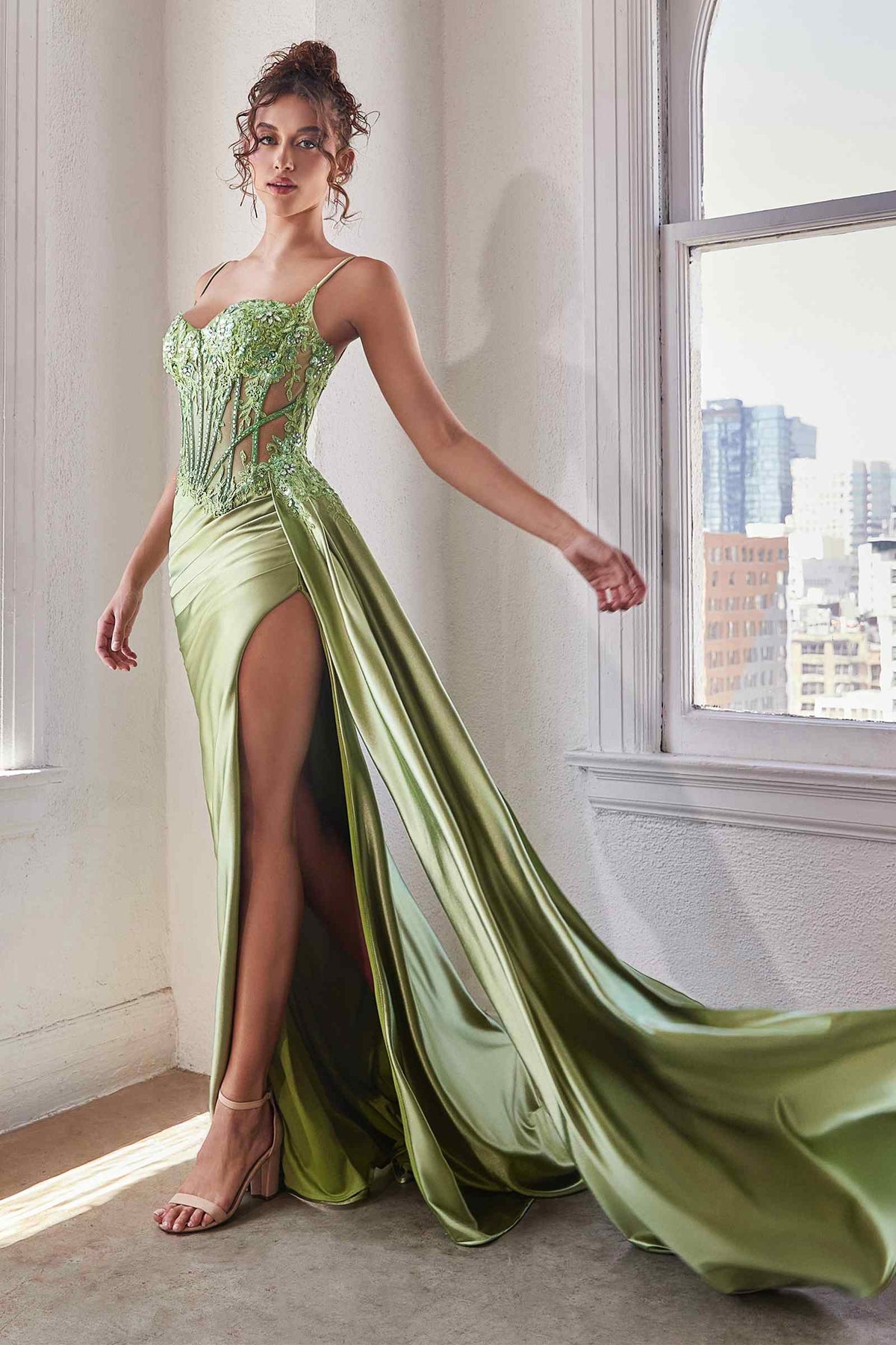 Ladivine CD868 Long Glamorous Lace Detailed Formal Gown Side Sash
