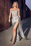 CLEARANCE - Ladivine CD868 Long Glamorous Lace Detailed Silver Gown Side Sash (Size 2)