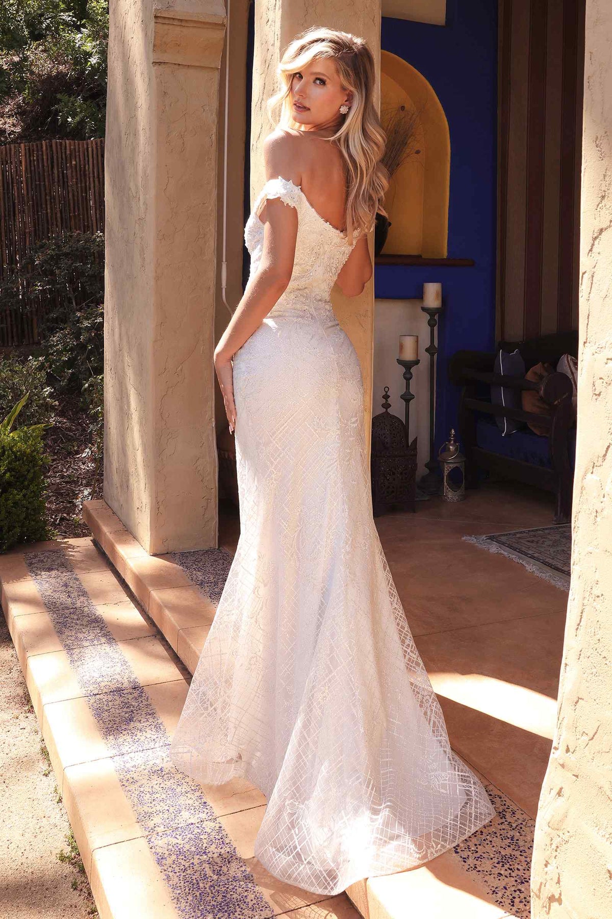 Cinderella Divine CD929 Fitted Off The Shoulder Bridal Gown Floral Lace Applique