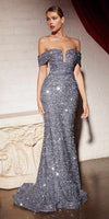 Cinderella Divine CD975 Long Off The Shoulder Sequin Mermaid Gown