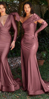 Cinderella Divine CD979 Long Slit Stretch Satin Gown with Gloves
