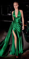 Ladivine CH079 Floor Length Fitted Halter Satin Gown Leg Slit Side Sash