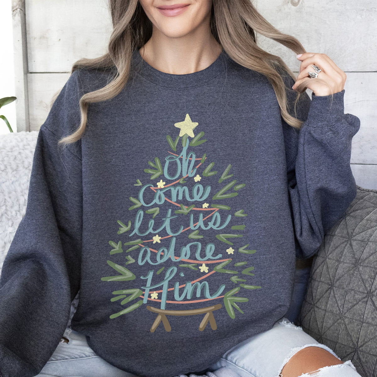 Oh Come Let Us Adore Him Christmas Carol Religious Holiday Vintage Script Sweatshirt