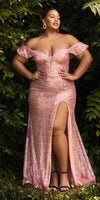 Cinderella Divine CH167C Long Off the Shoulder Sequins Dress with Slit