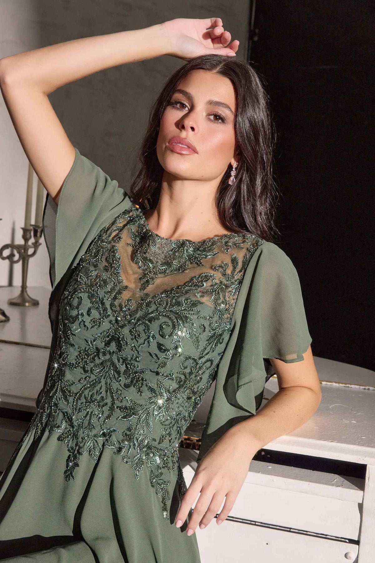 Ladivine CL09 Flutter Sleeve Illusion Neck A-Line Chiffon Gown