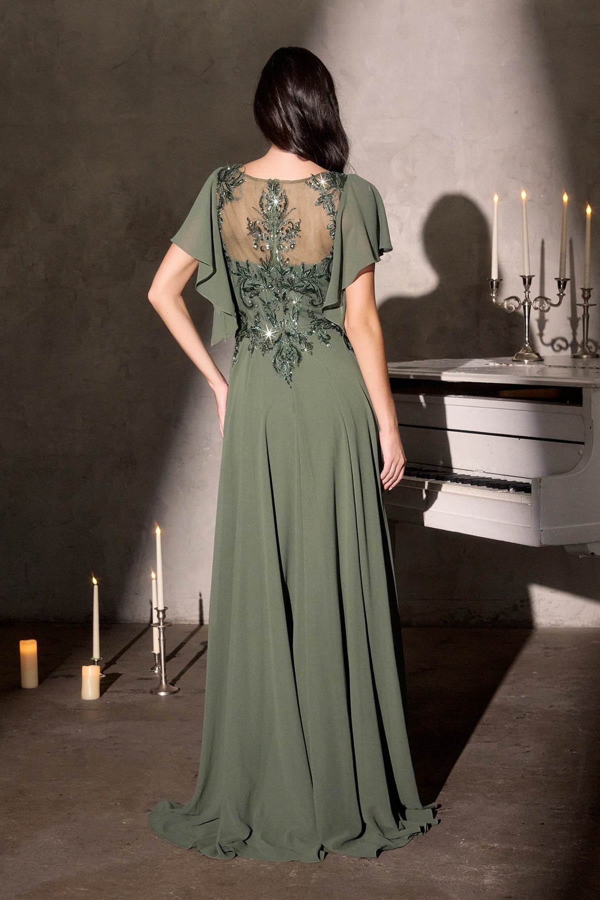 Ladivine CL09 Flutter Sleeve Illusion Neck A-Line Chiffon Gown