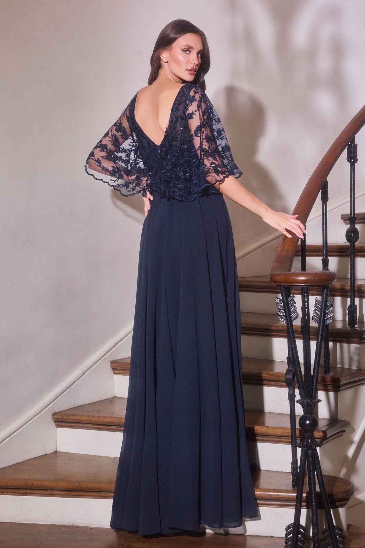 Ladivine CL10 Mother of the Bride V-Neckline Lace Bodice A-Line Gown