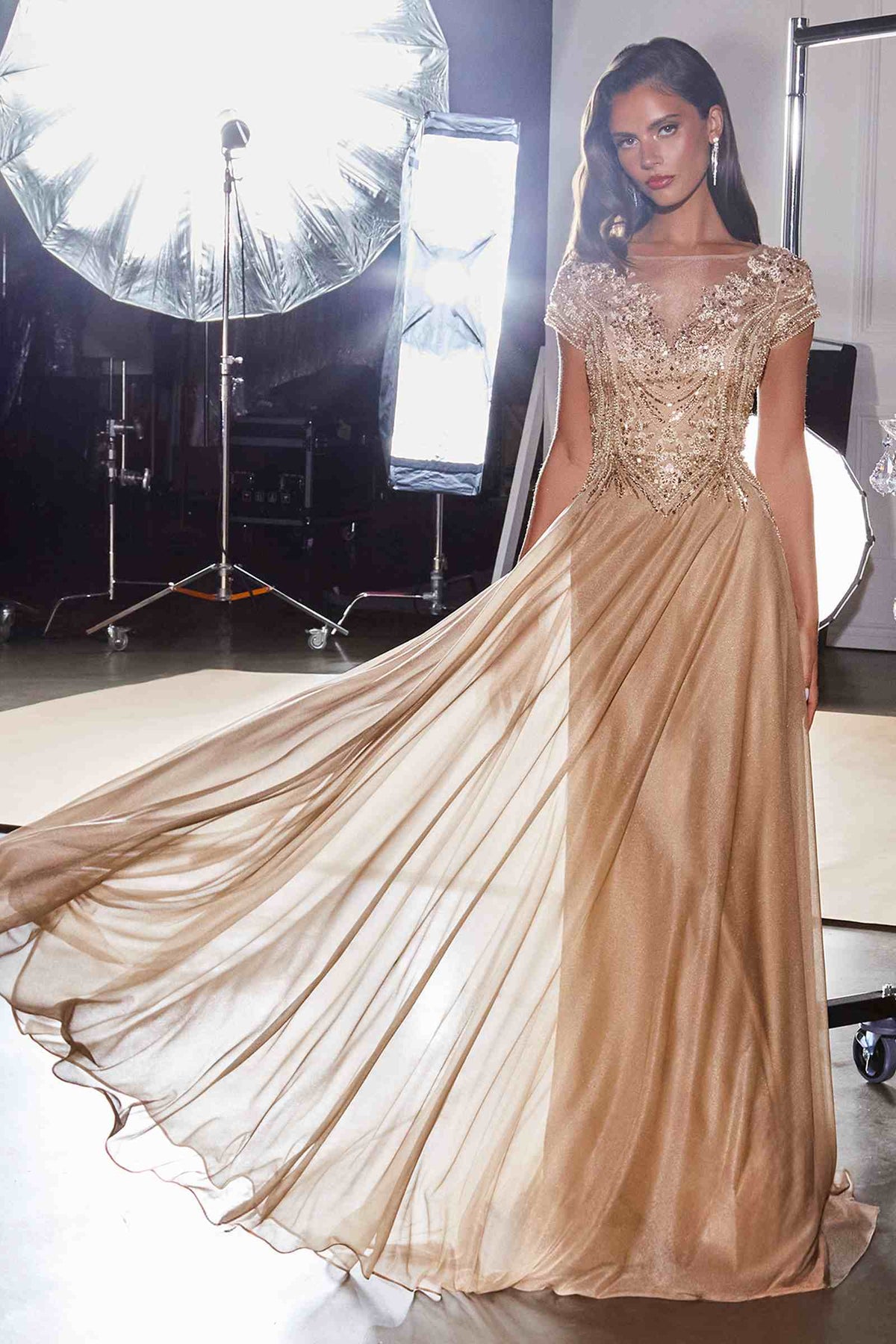Ladivine CL11 Gold Beaded Cap Sleeve A-Line Formal Dress