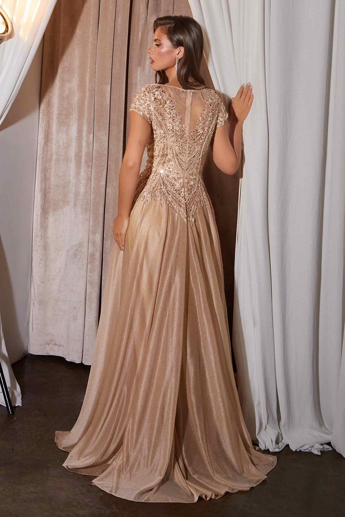 Ladivine CL11 Gold Beaded Cap Sleeve A-Line Formal Dress