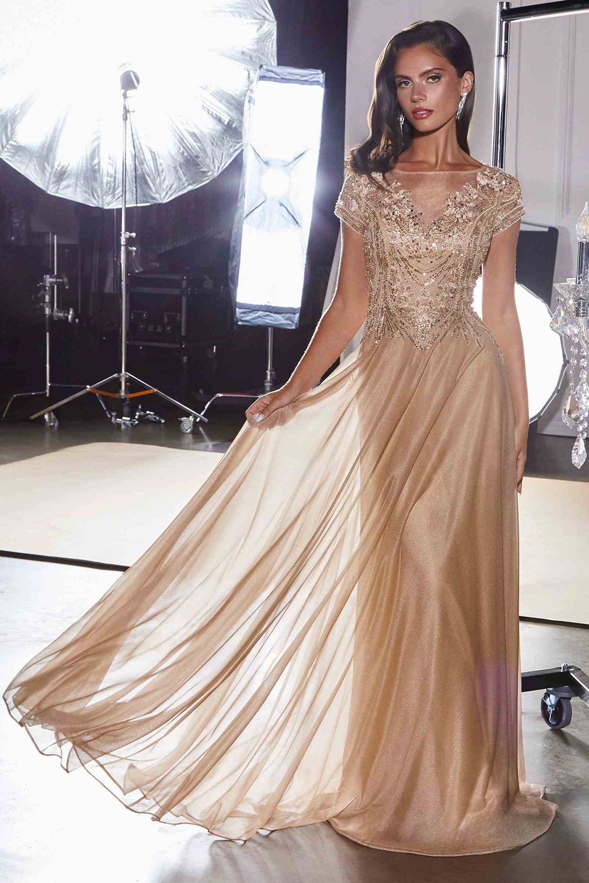 Ladivine CL11 Gold Beaded Cap Sleeve A-Line Formal Dress