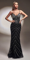 Ladivine CR866 Floor Length Fitted Beaded Print Gown