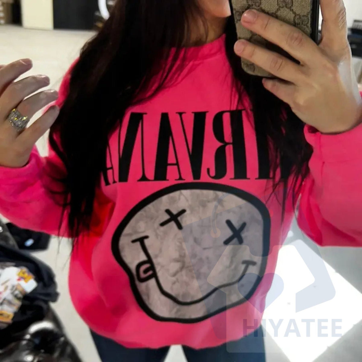 Camo Nirvana Sweatshirt with Sleeve Print: Grunge Band Logo Pullover, Unisex Camouflage Retro Rock Sweater, Music Fan Gift