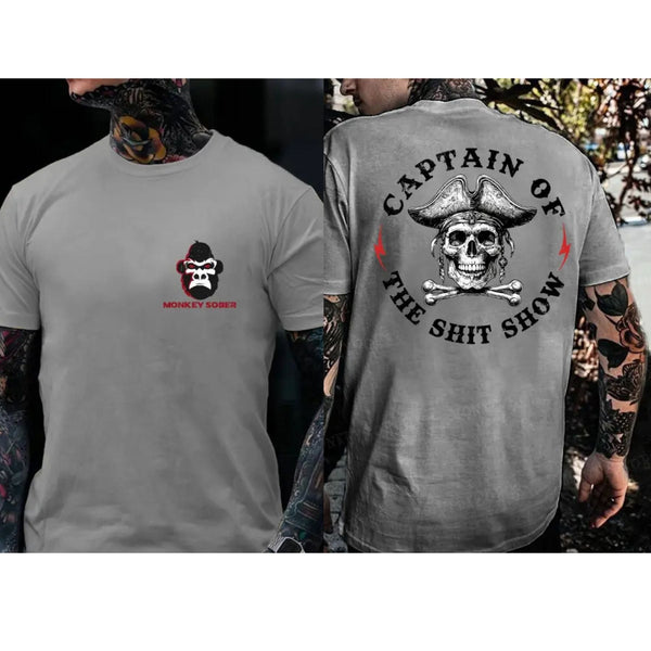 "Captain Of The Shit Show" T-Shirt - Skull Print Men's Tee, Funny & Casual Crewneck Top
