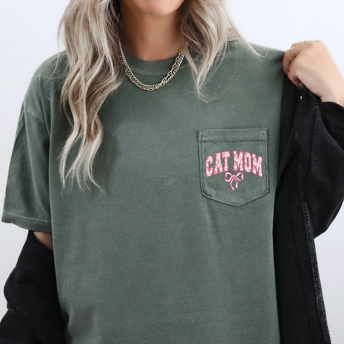 Cat Mom, Coquette, Pocket, Ribbons, Bows Pocket Tee Graphic Collection Comfort Colors Tee