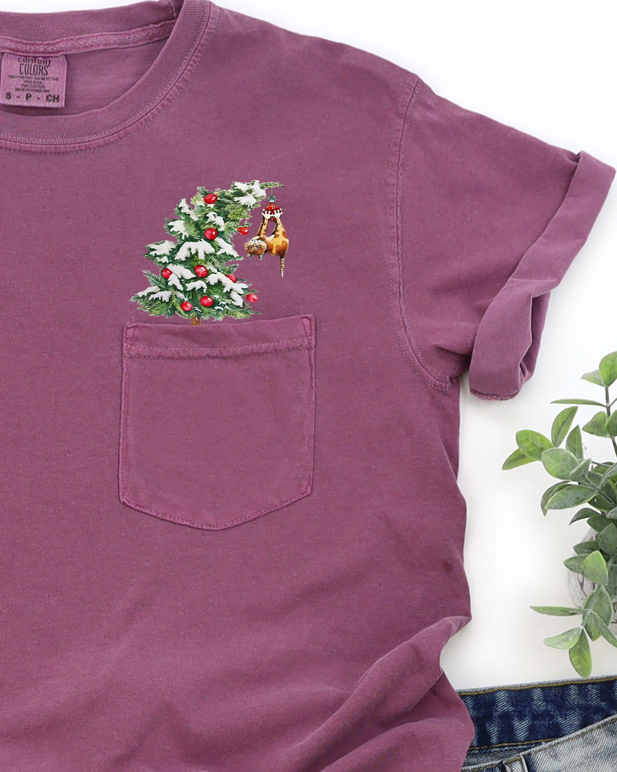 Cat Christmas Tree Pocket Santa Snow Winter Xmas Cozy Kitty Festive Holiday Scene Whimsical Comfort Colors Tee