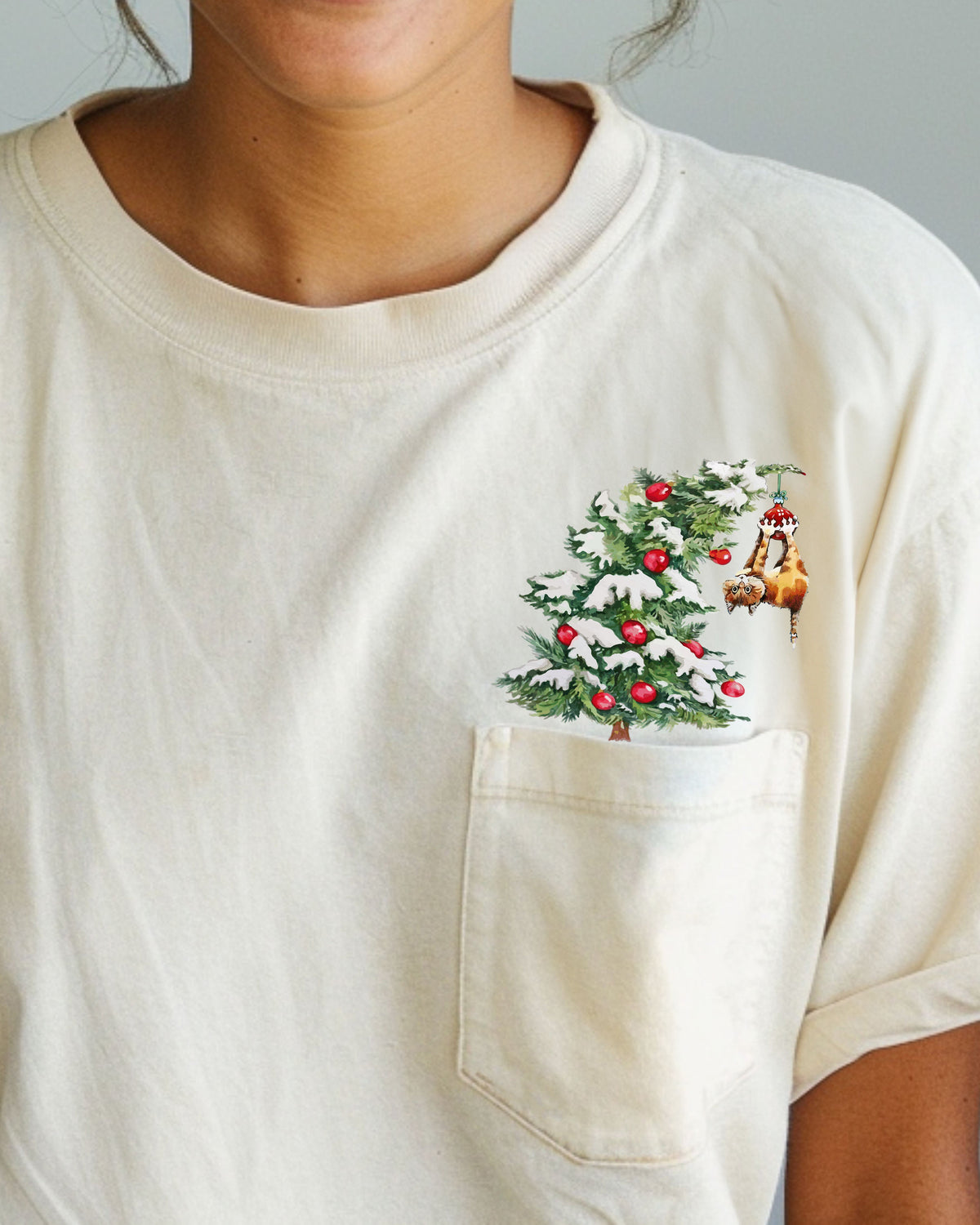 Cat Christmas Tree Pocket Santa Snow Winter Xmas Cozy Kitty Festive Holiday Scene Whimsical Comfort Colors Tee