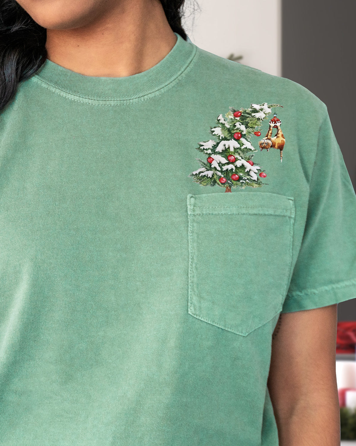 Cat Christmas Tree Pocket Santa Snow Winter Xmas Cozy Kitty Festive Holiday Scene Whimsical Comfort Colors Tee