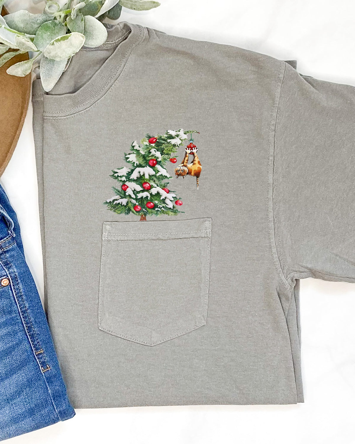 Cat Christmas Tree Pocket Santa Snow Winter Xmas Cozy Kitty Festive Holiday Scene Whimsical Comfort Colors Tee