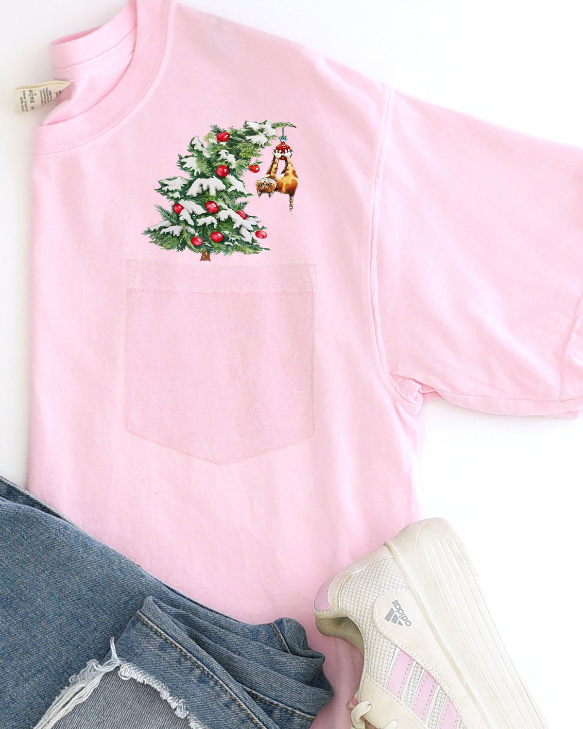 Cat Christmas Tree Pocket Santa Snow Winter Xmas Cozy Kitty Festive Holiday Scene Whimsical Comfort Colors Tee