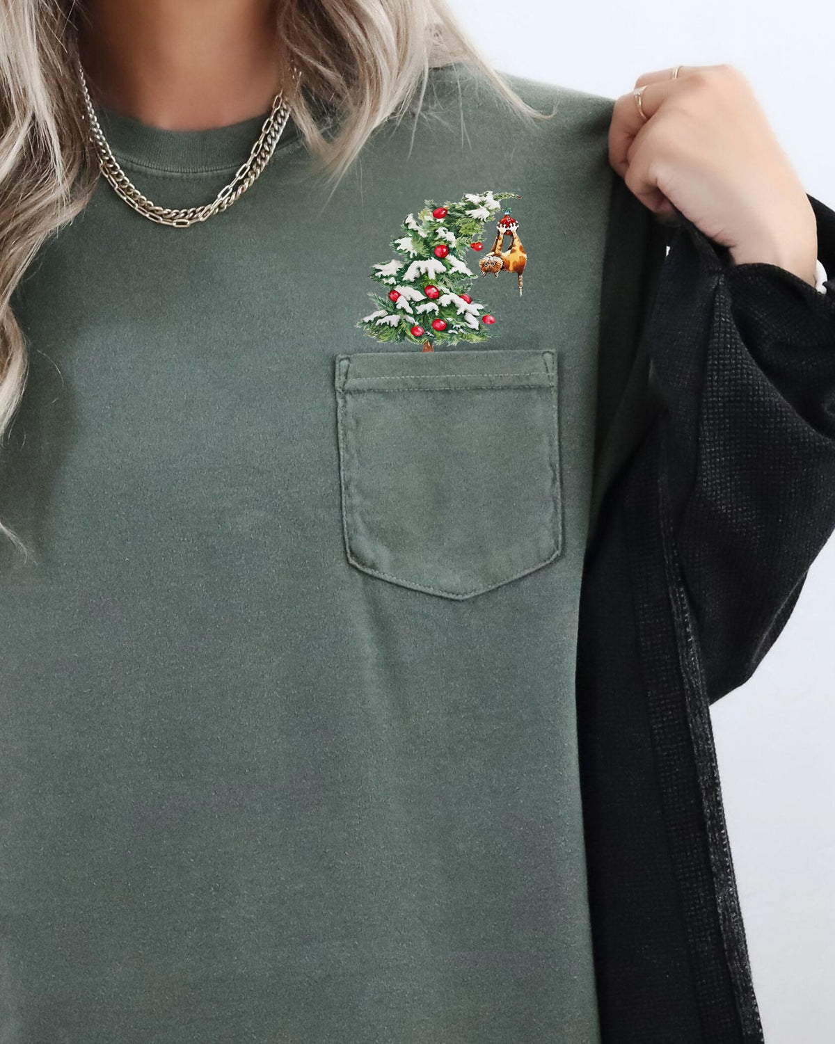 Cat Christmas Tree Pocket Santa Snow Winter Xmas Cozy Kitty Festive Holiday Scene Whimsical Comfort Colors Tee