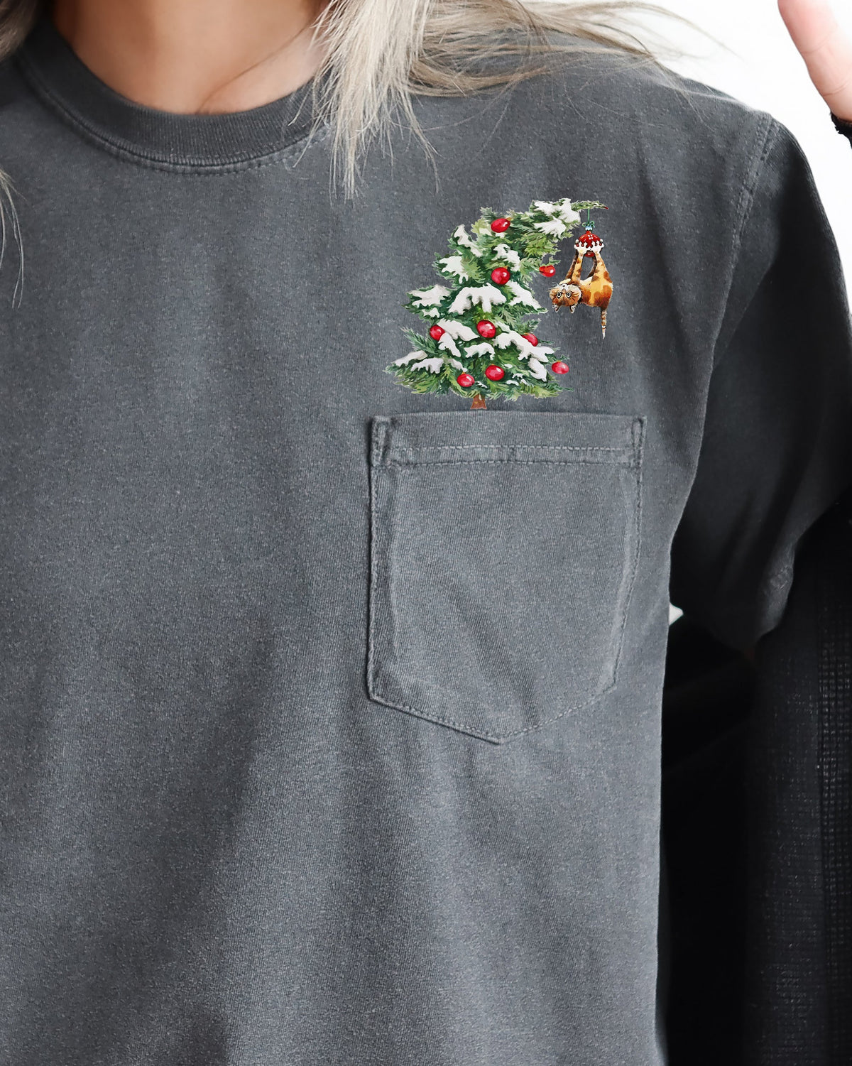 Cat Christmas Tree Pocket Santa Snow Winter Xmas Cozy Kitty Festive Holiday Scene Whimsical Comfort Colors Tee
