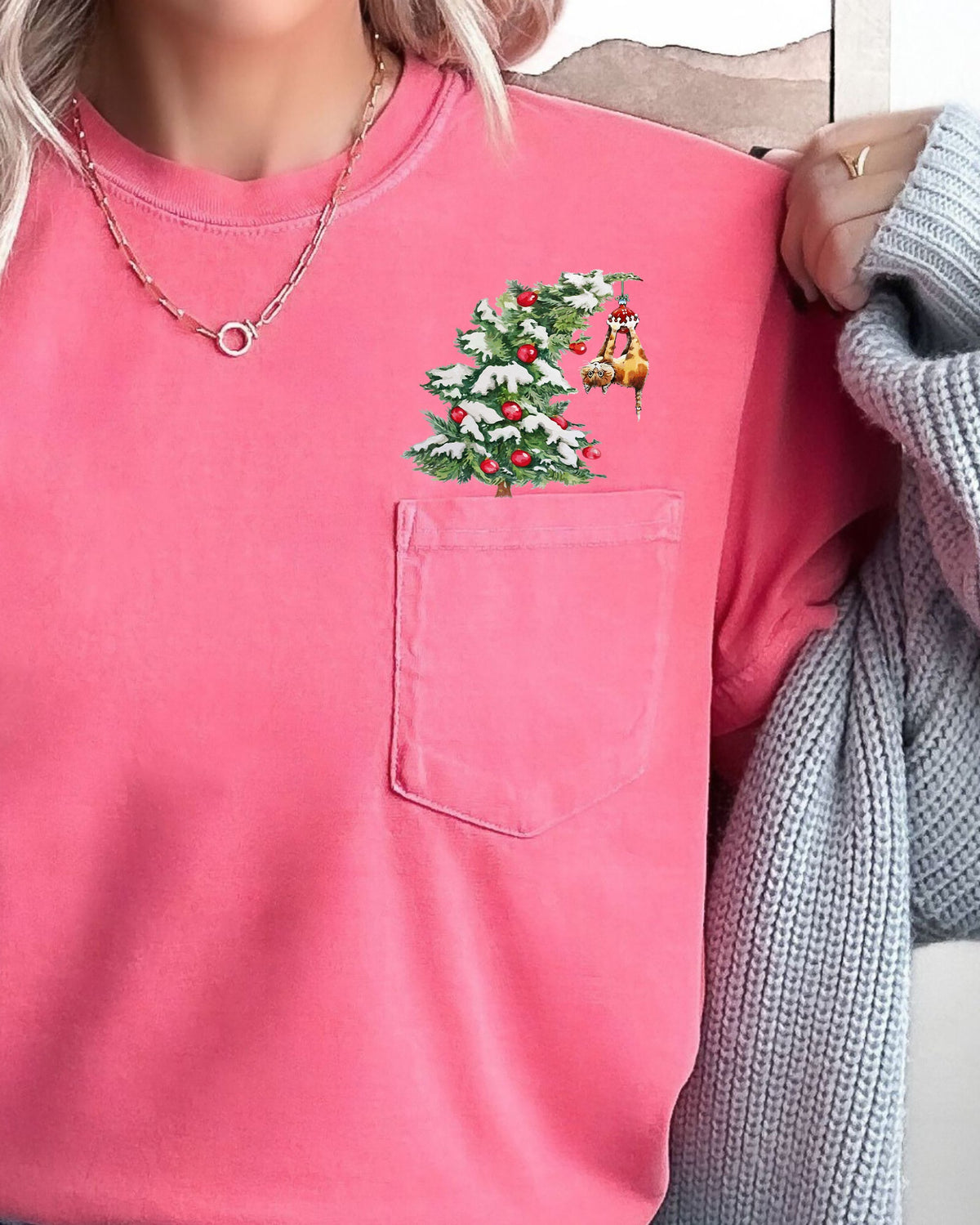 Cat Christmas Tree Pocket Santa Snow Winter Xmas Cozy Kitty Festive Holiday Scene Whimsical Comfort Colors Tee