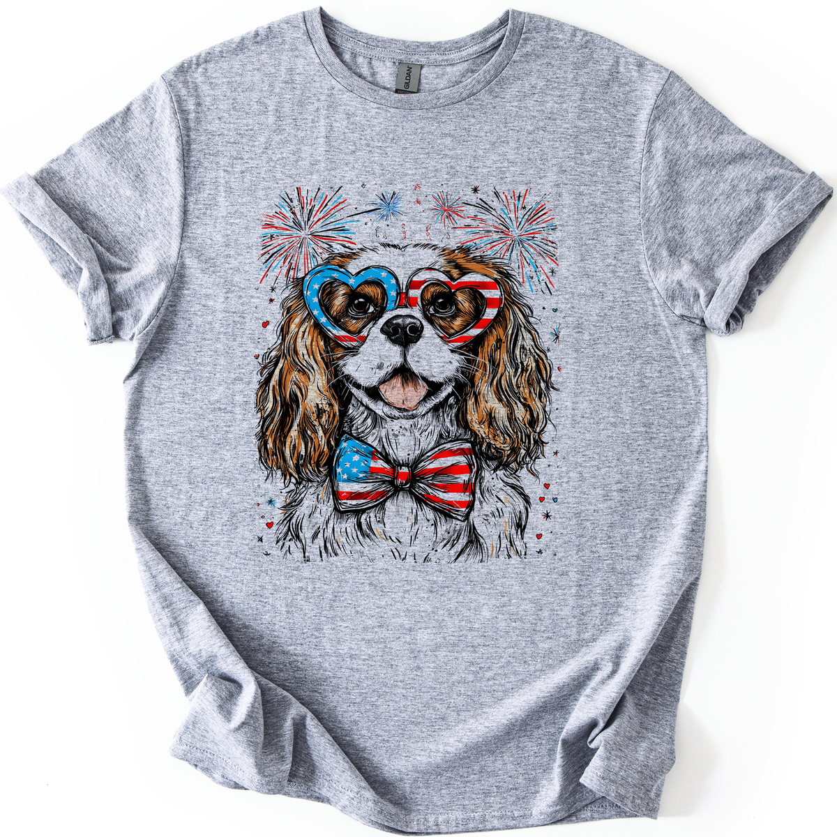 Cavalier King Charles Spaniel Patriotic Dog USA Fourth of July Celebration Graphic Tee