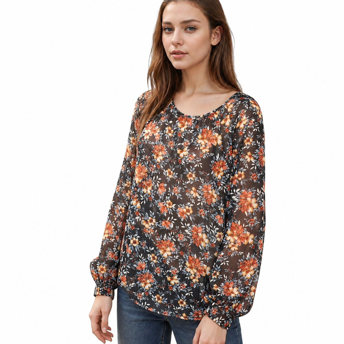 Pleione Women's Sheer Printed Blouse With Self-Tie Sleeve