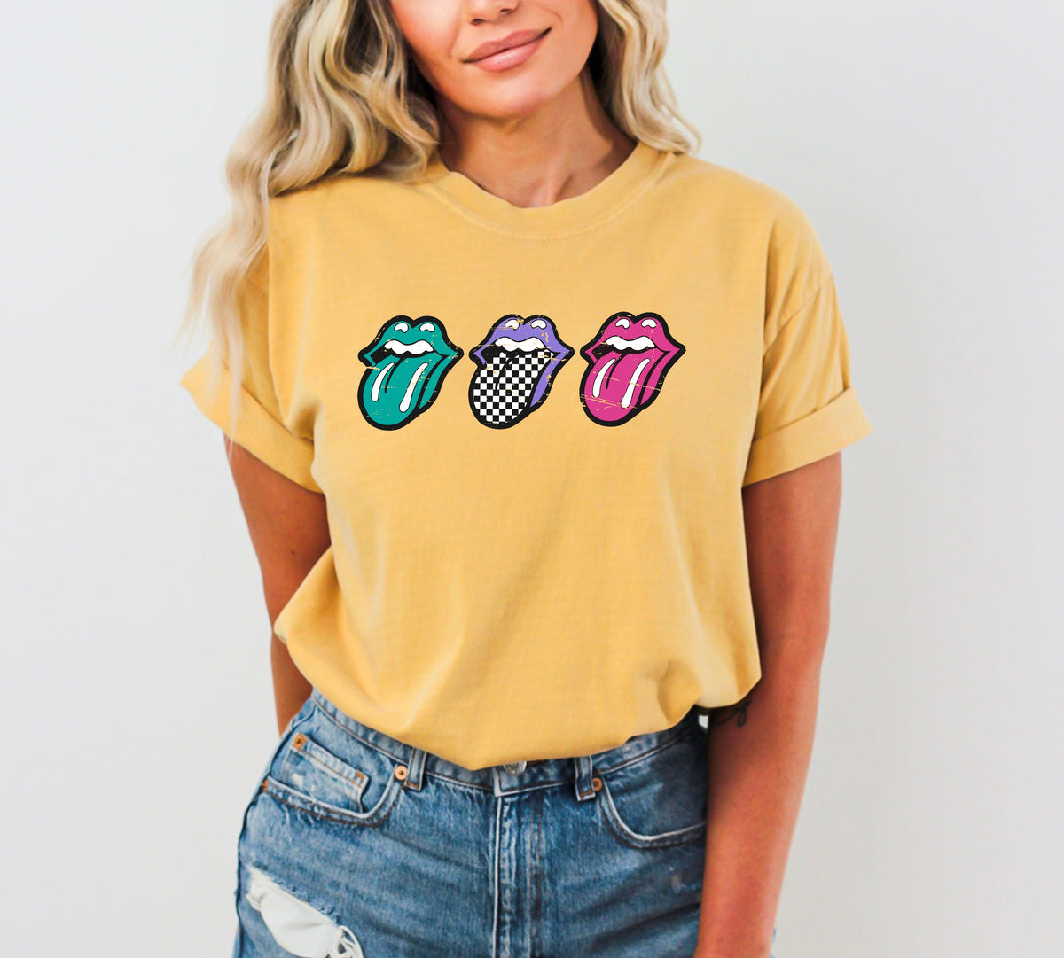 Checkered Rock Tongues Retro Lips Concert Tee Classic Rock Edition Comfort Colors Tee