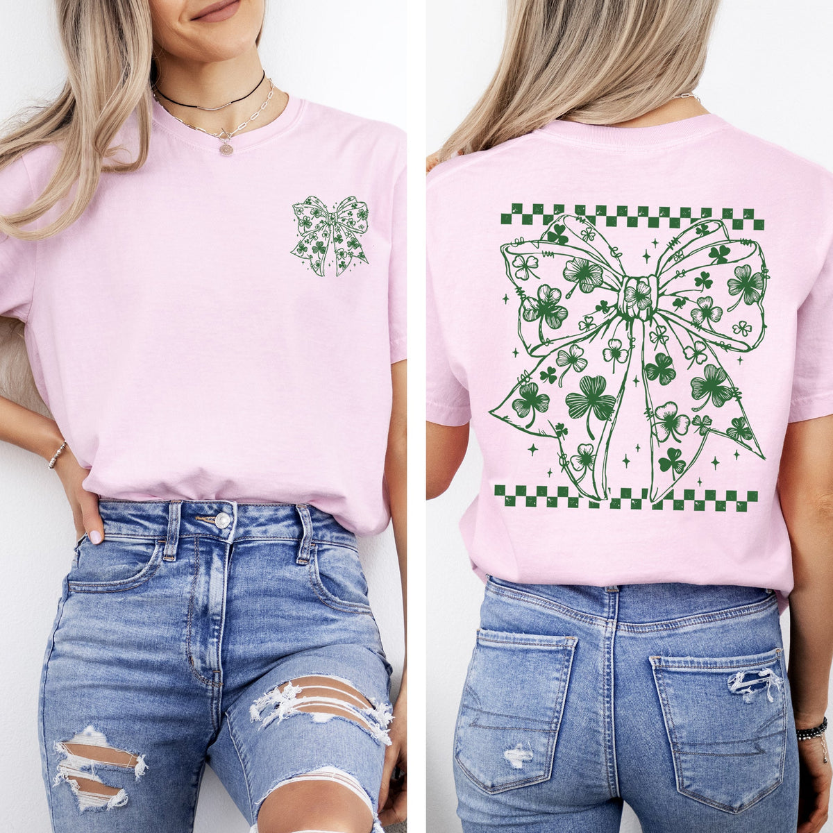 Checkered Bow Coquette Leprechaun Shamrock Clover Lucky St Patrick's Day Irish Pride Comfort Colors Tee