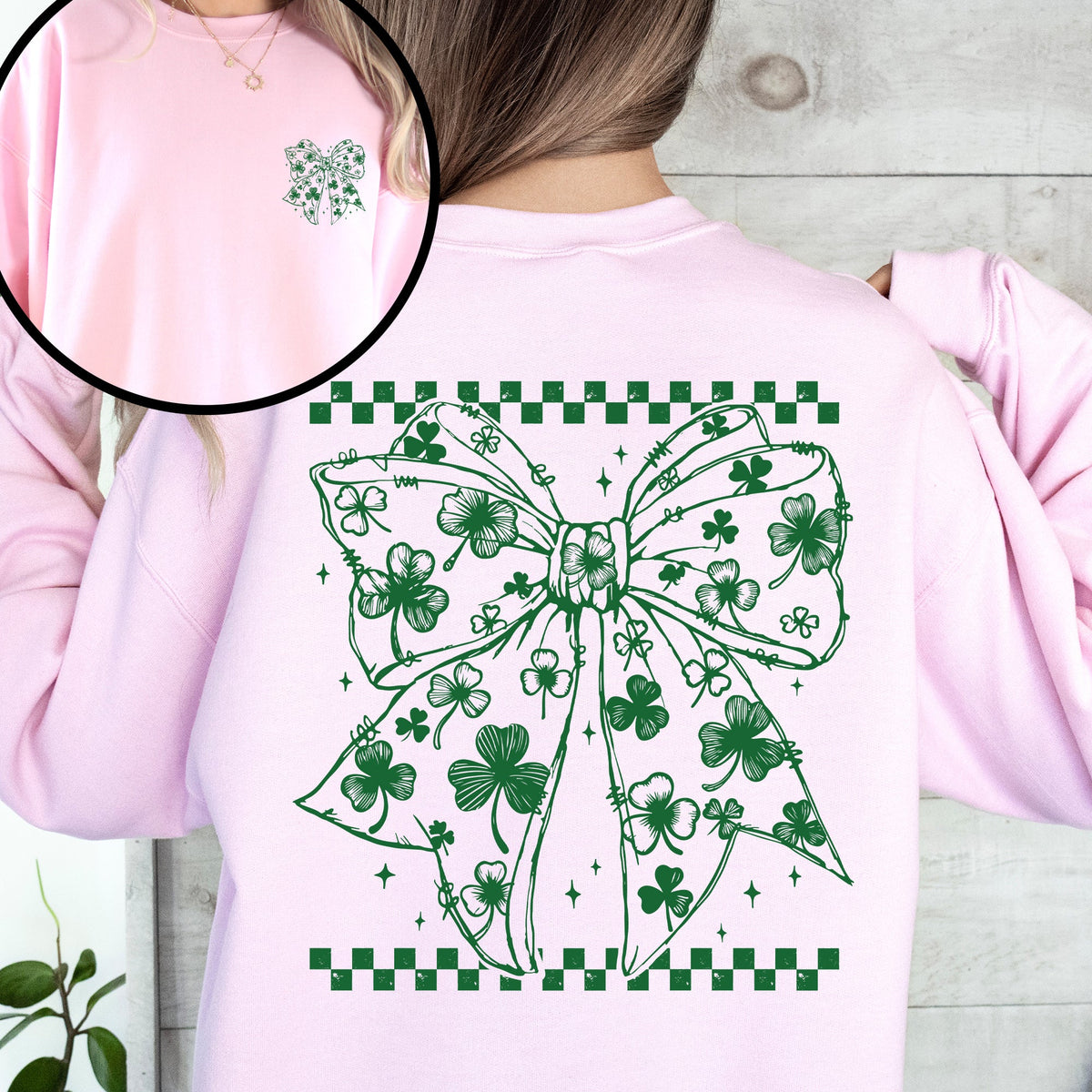 Leprechaun Checkered Bow Coquette Shamrock Clover Lucky St Patrick's Day Sweatshirt