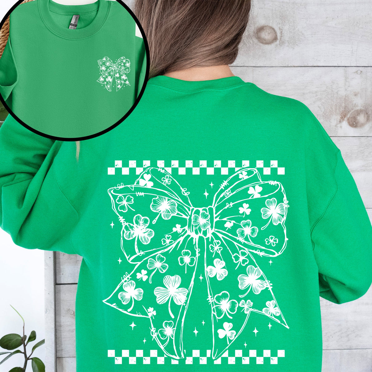 Leprechaun Checkered Bow Coquette Shamrock Clover Lucky St Patrick's Day Sweatshirt