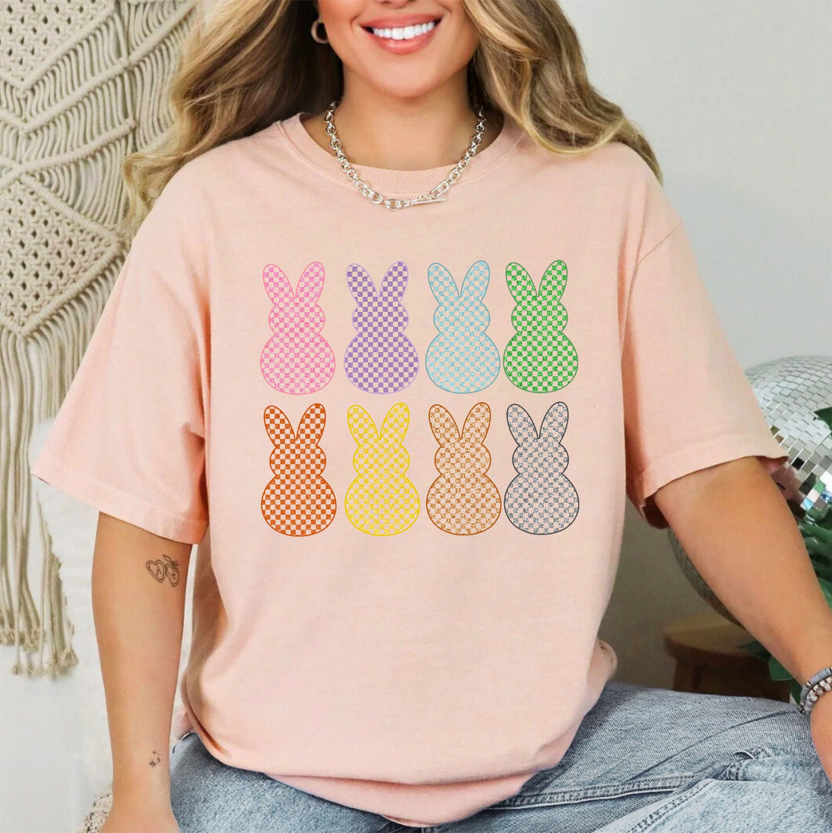 Checkered Faux Glitter Bunnies Easter Bunny Jesus Rabbit Holiday Comfort Colors Tee