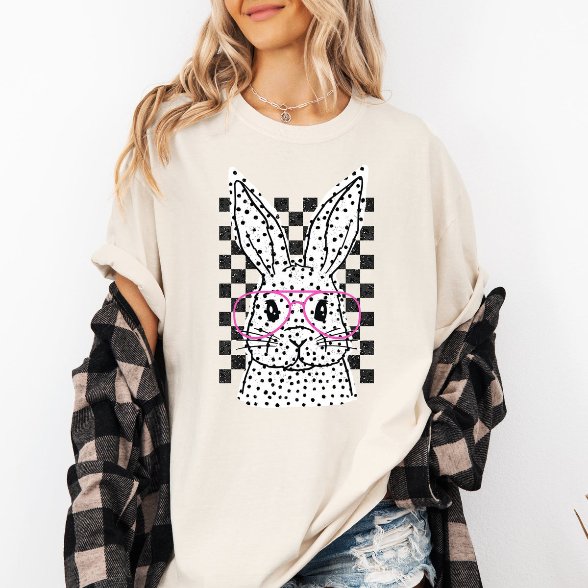 Checkered Retro Polka Dot Easter Bunny Jesus Holiday Print Collection Comfort Colors Tee