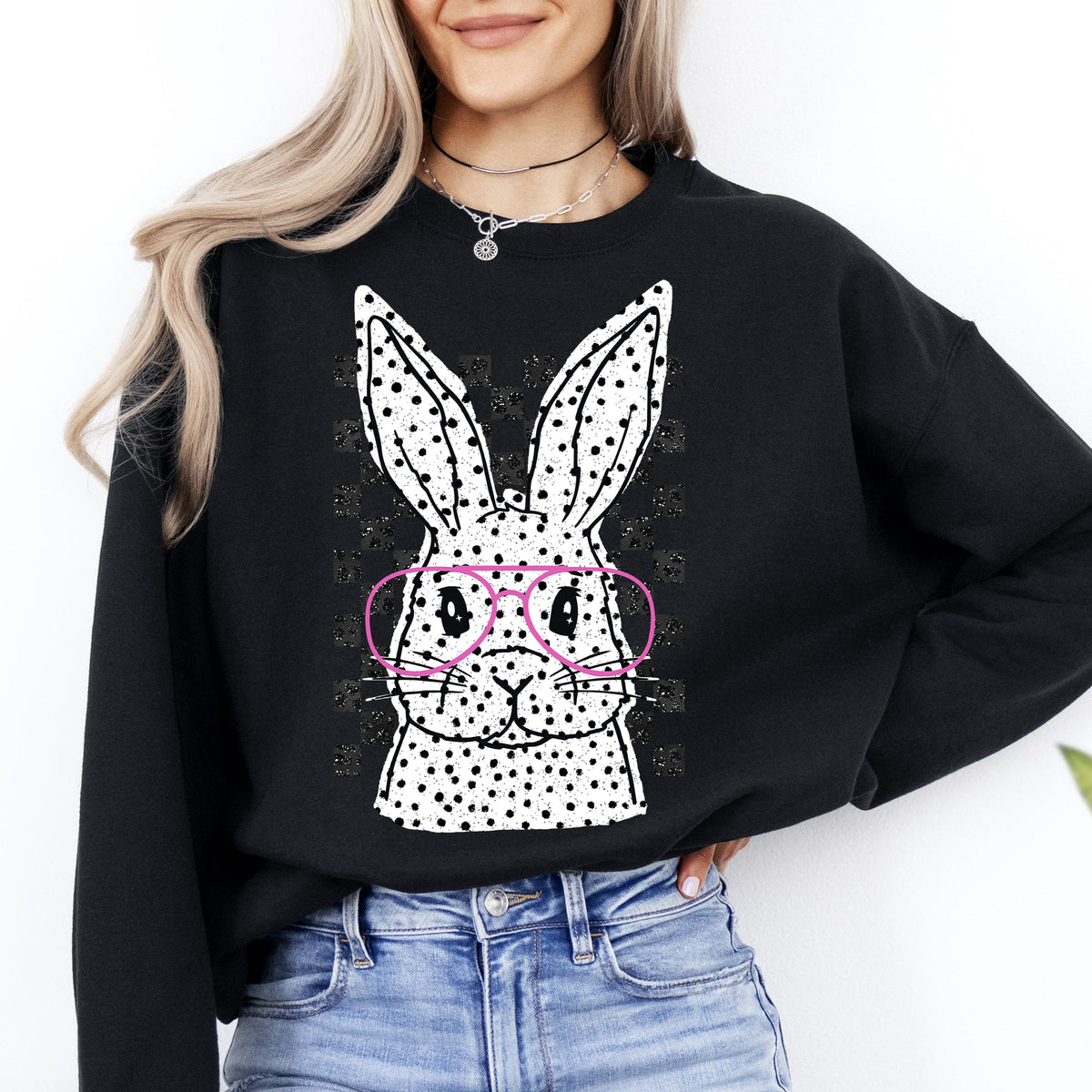 Checkered Retro Polka Dot Easter Bunny Jesus Rabbit Holiday Celebration Vintage Style Sweatshirt