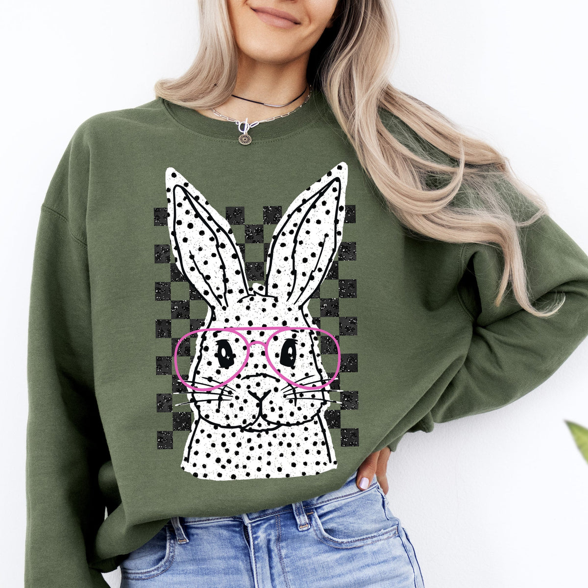 Checkered Retro Polka Dot Easter Bunny Jesus Rabbit Holiday Celebration Vintage Style Sweatshirt