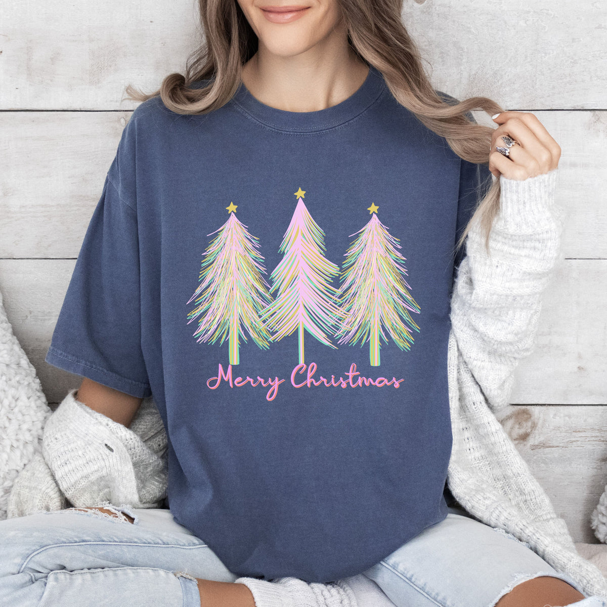 Merry and Bright Pink Watercolor Christmas Trees Holiday Deco Edition Comfort Colors Tee