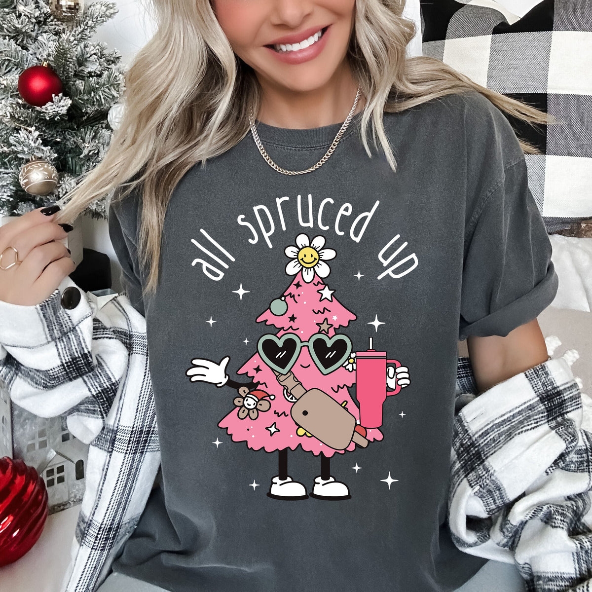 All Spruced Up Vintage Christmas Silhouette And Ornament Holly Wreath Scene Graphic Tee