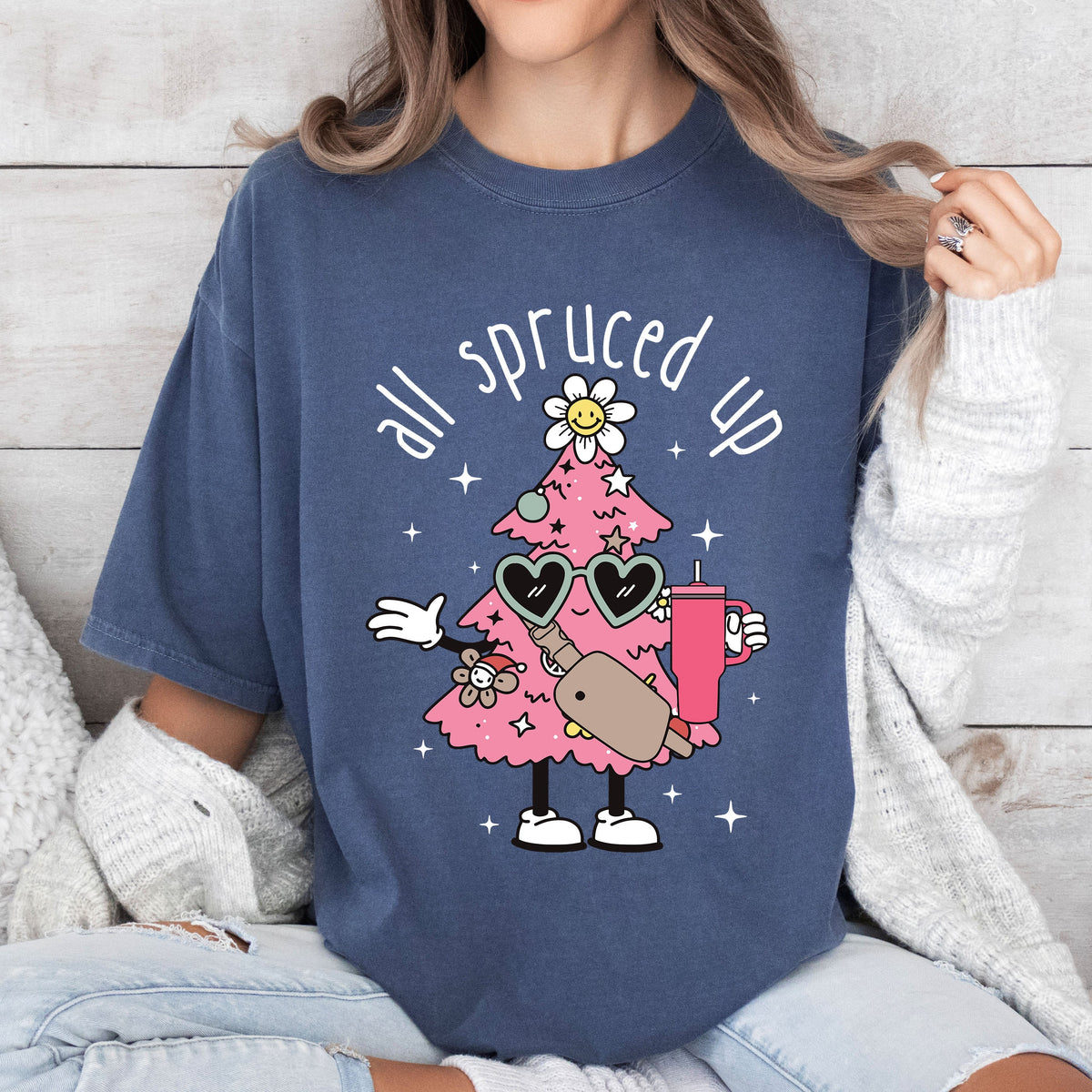 All Spruced Up Vintage Christmas Silhouette And Ornament Holly Wreath Scene Graphic Tee