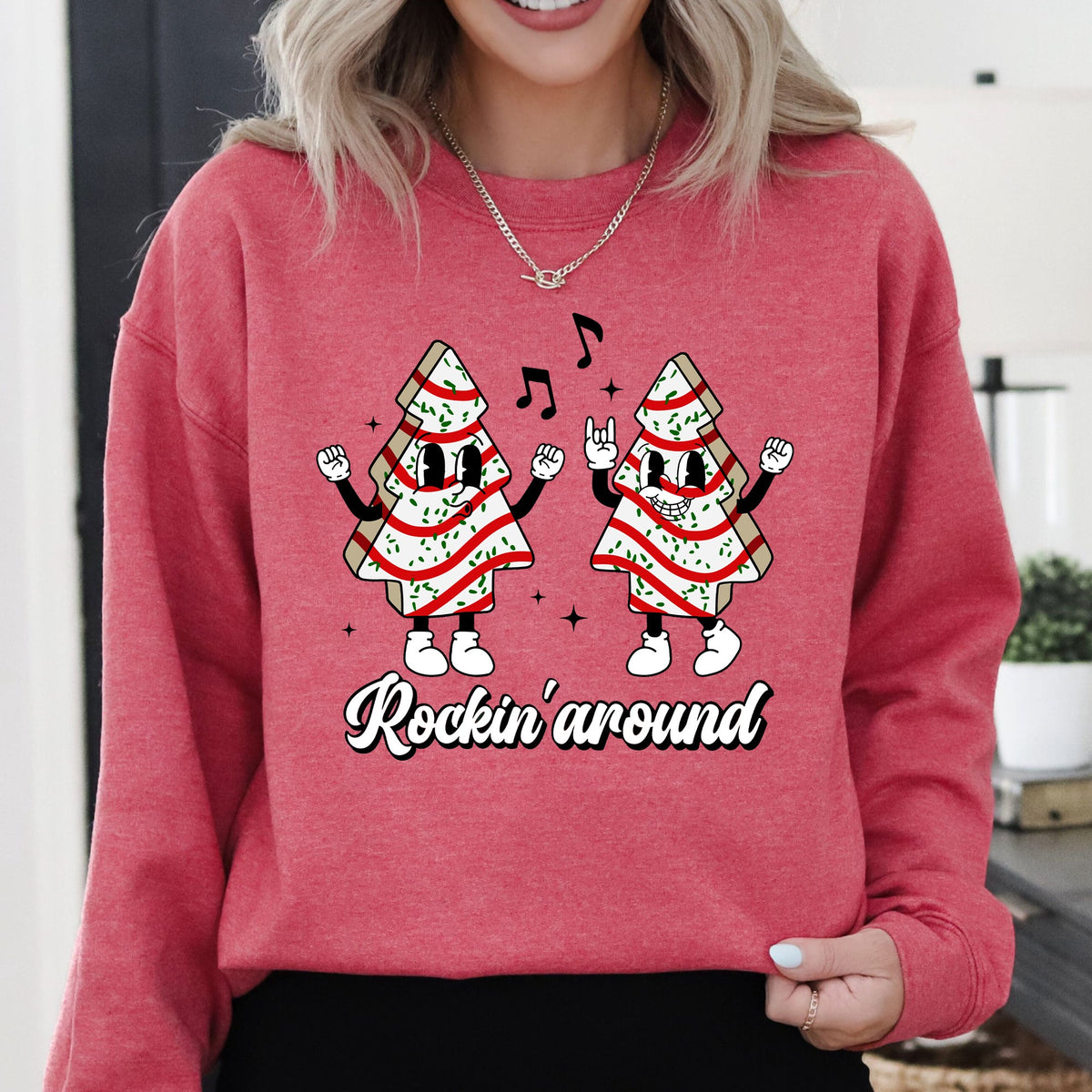 Rockin Around Christmas Carols Santa Snow Winter Xmas Festive Pocket Sweatshirt Cozy Holiday Seasonal Illustrated