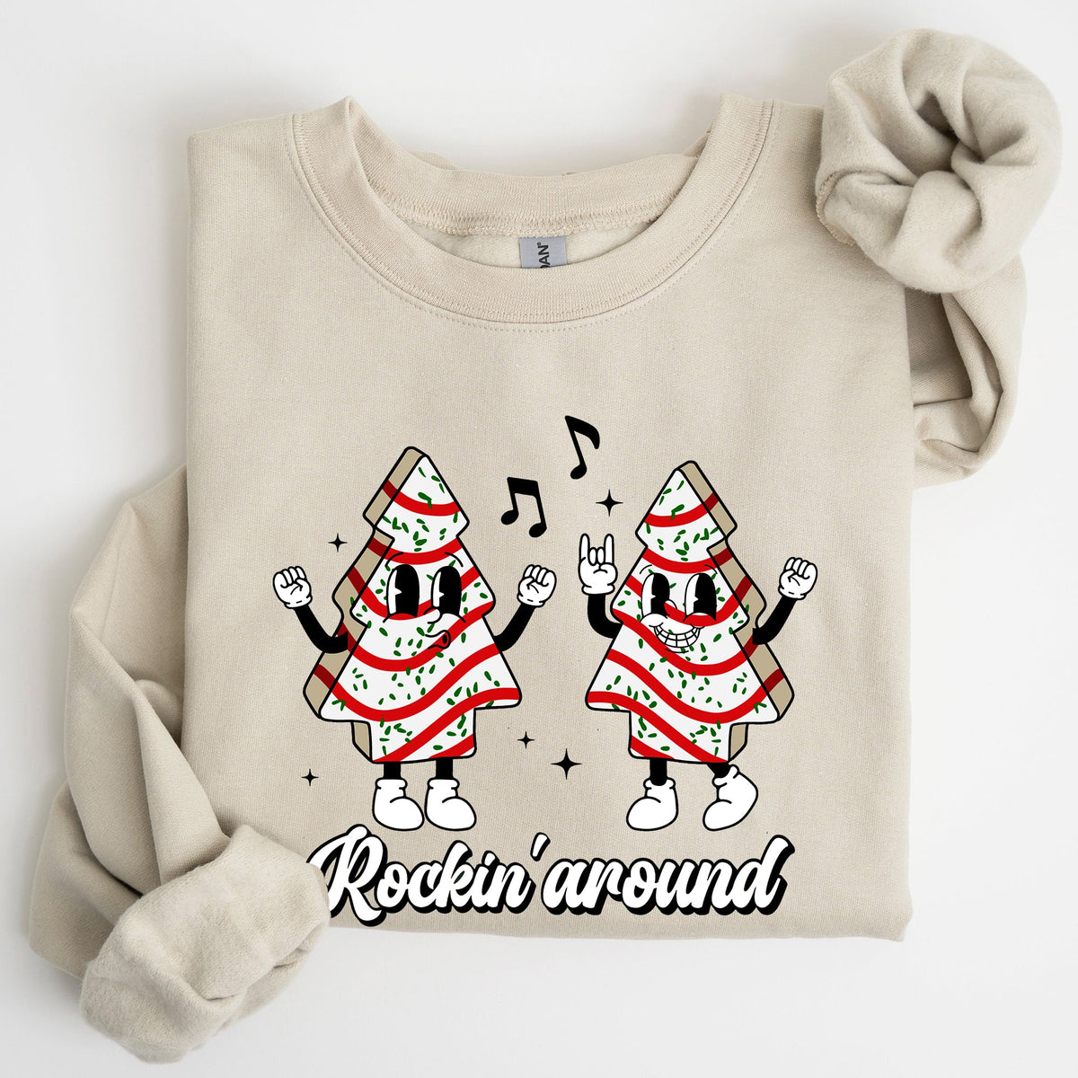 Rockin Around Christmas Carols Santa Snow Winter Xmas Festive Pocket Sweatshirt Cozy Holiday Seasonal Illustrated