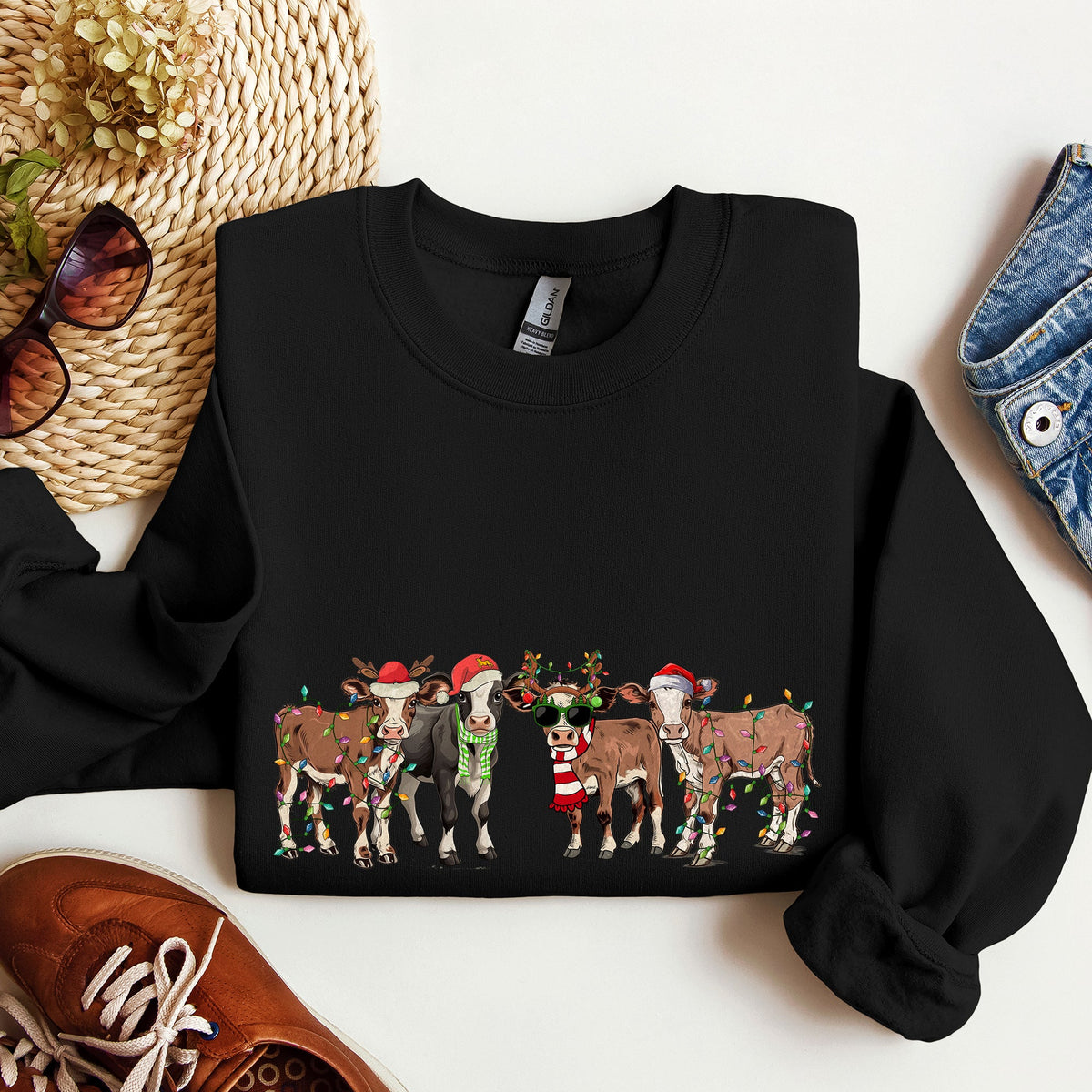 Christmas Calves Cow Lovers Santa Farm Life Holiday Farmhouse Festive Cheer Sweatshirt