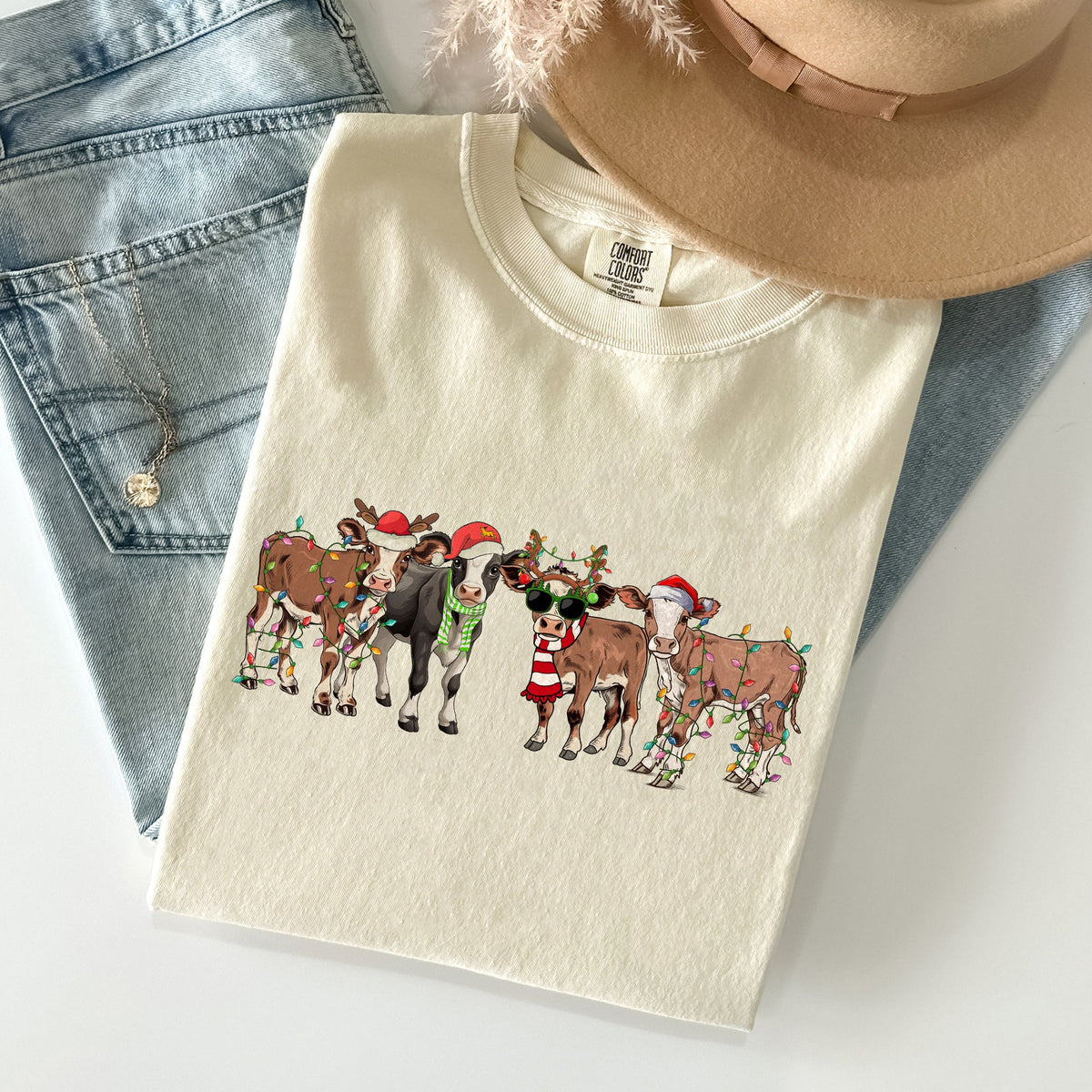 Christmas Calves Cow Lovers Santa Farm Life Winter Snow Xmas Animals Comfort Colors Tee