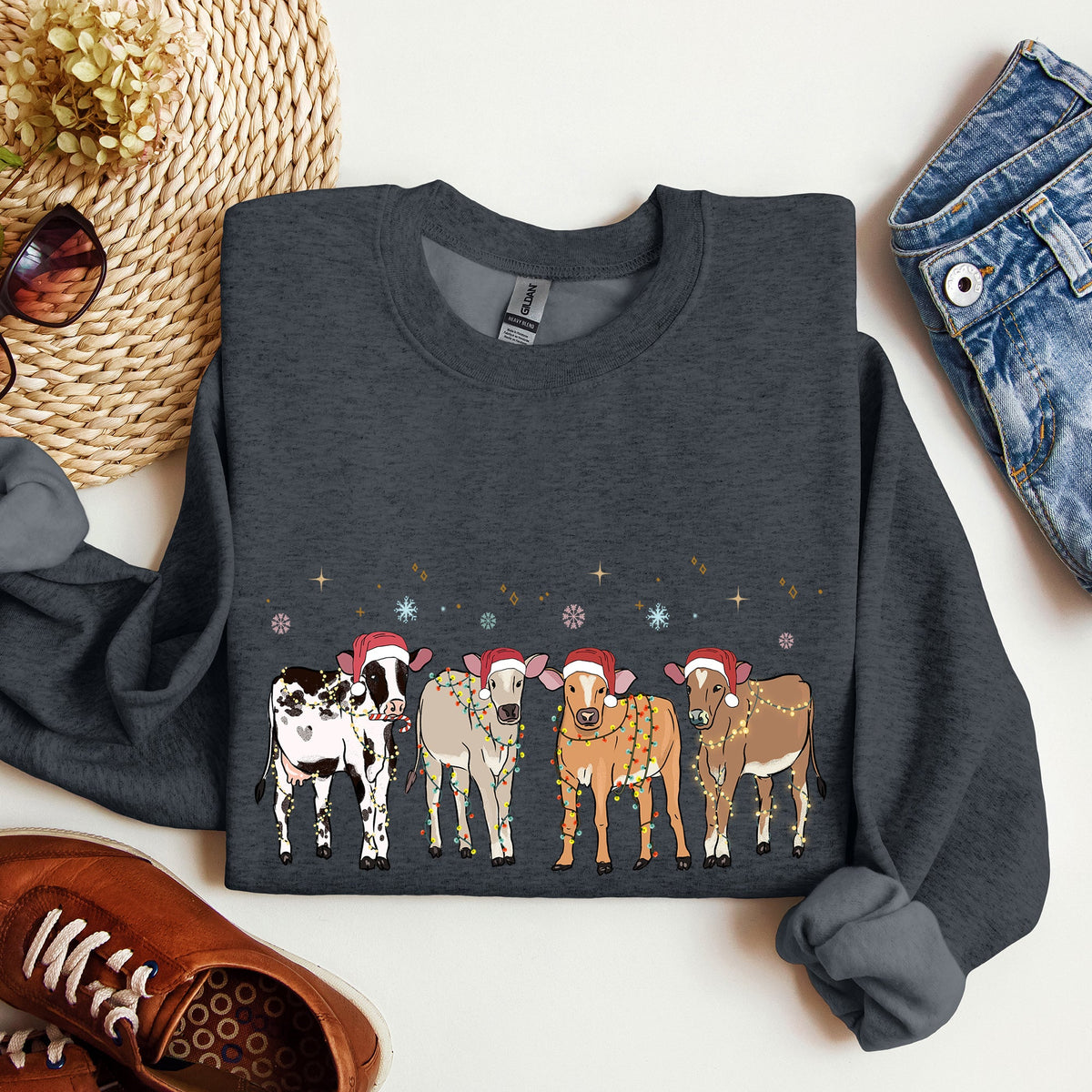 Christmas Calves Holstein Cow Lovers Santa Farm Life Cozy Farmyard Holiday Edition Sweatshirt