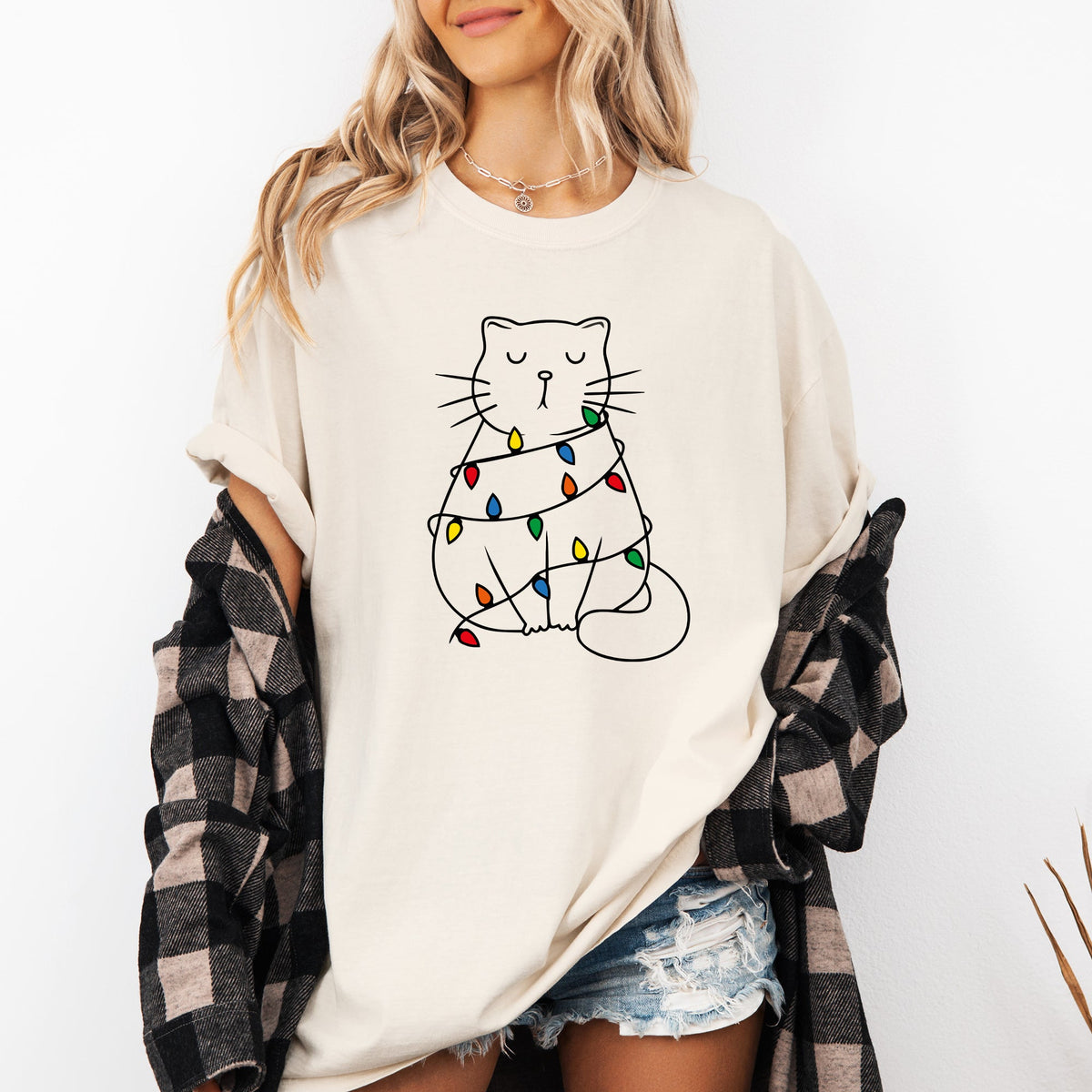 Christmas Cat Lights Santa Feline Holiday Cheer For Cat Lovers Comfort Colors Tee