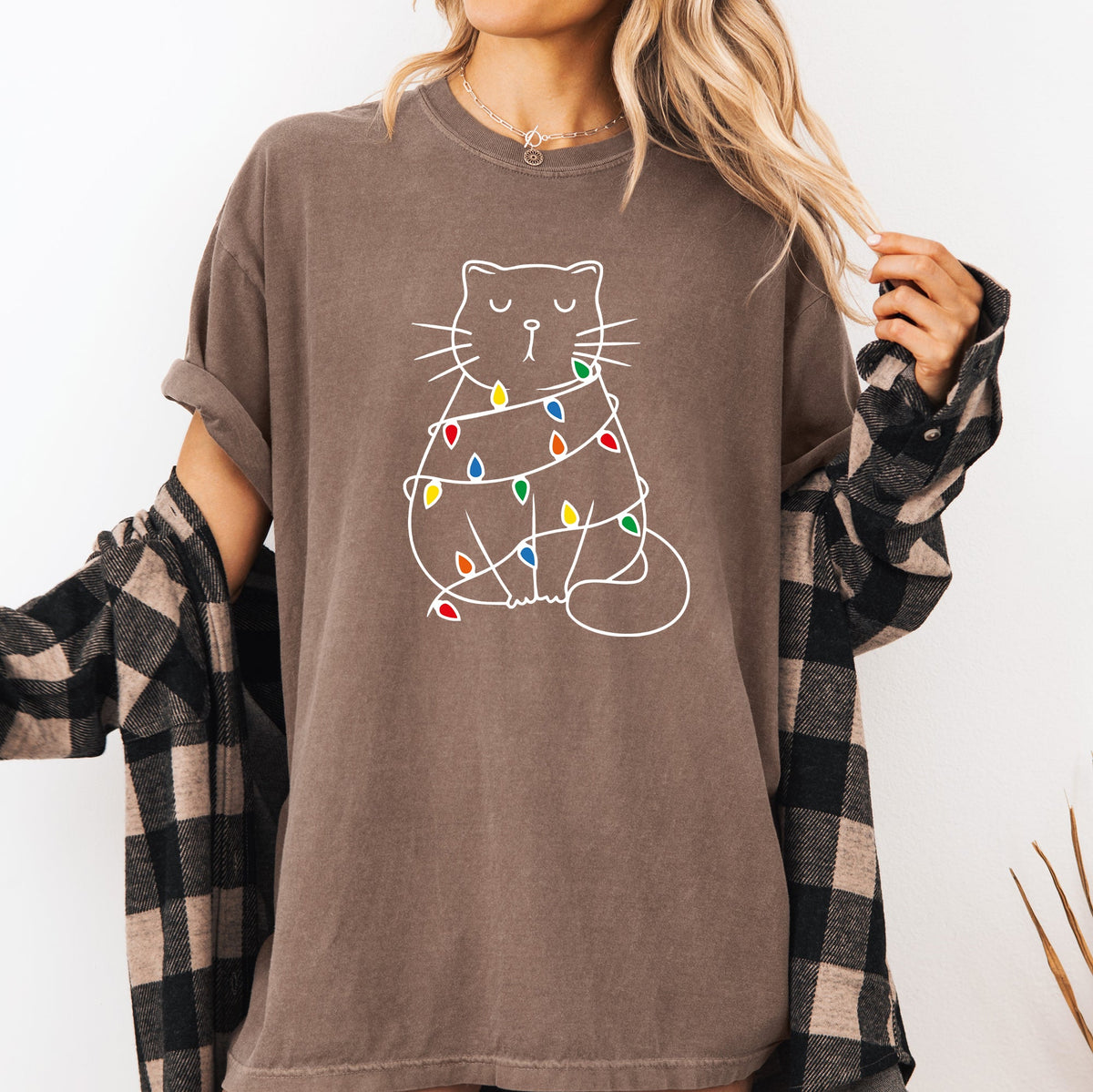 Christmas Cat Lights Santa Feline Holiday Cheer For Cat Lovers Comfort Colors Tee